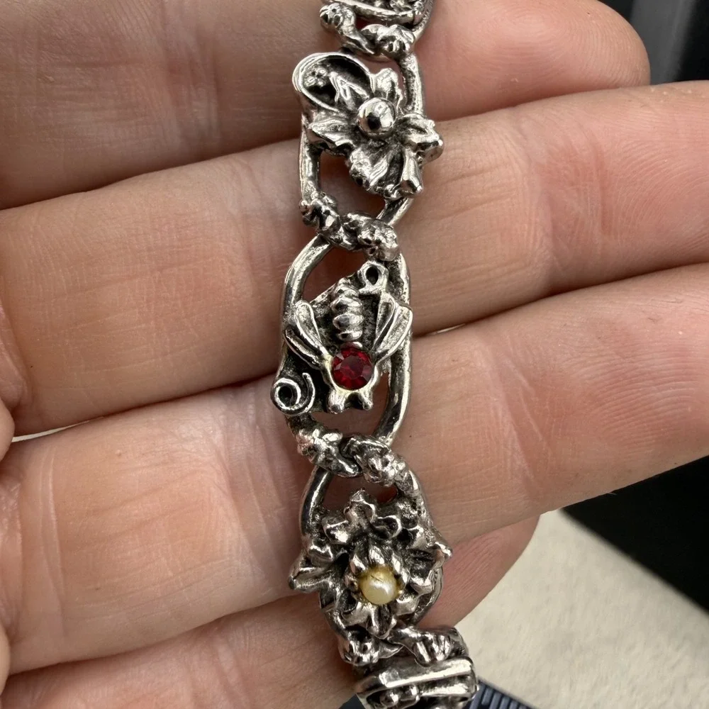 Vintage Goldette Bracelet Silver Tone Mixed Accents Floral Bee 7in